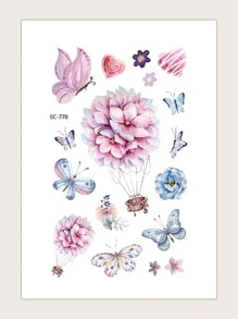 1張花朵和蝴蝶圖案紋身貼紙 - 彩色 - 查看 4