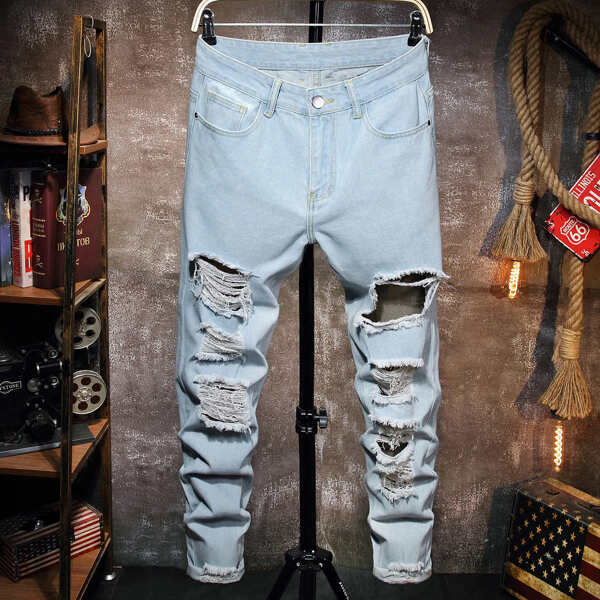 

Men Solid Ripped Jeans, Light wash