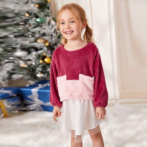 

Toddler Girls Colorblock Teddy Sweatshirt With Dobby Mesh Skirt, Multicolor