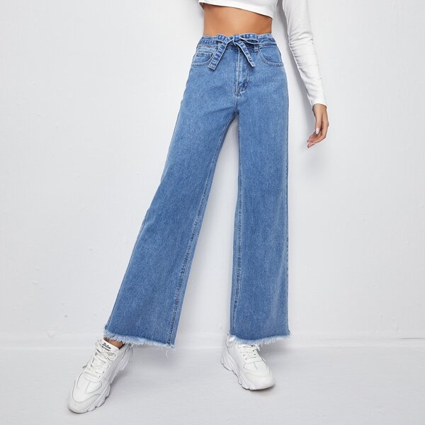 

High Waist Belted Straight Leg Jeans, Medium wash