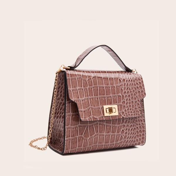 

Croc Embossed Satchel Bag, Coffee brown