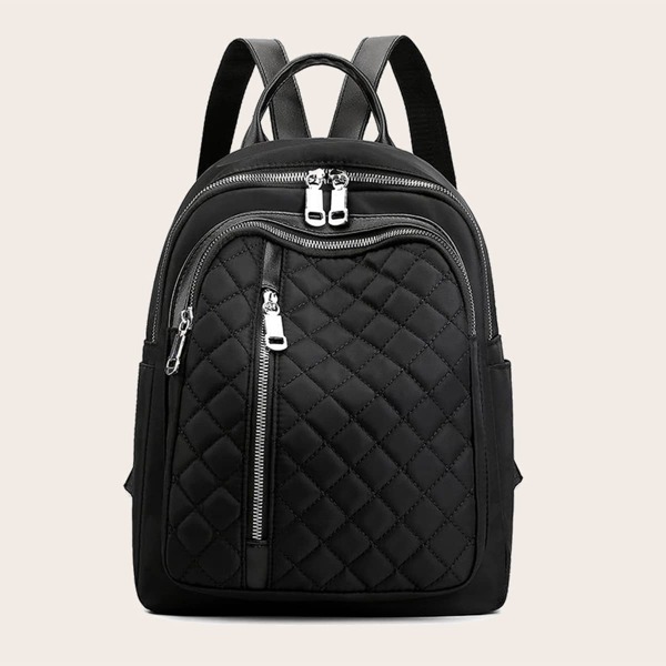 

Zip Front Quilted Backpack, Black