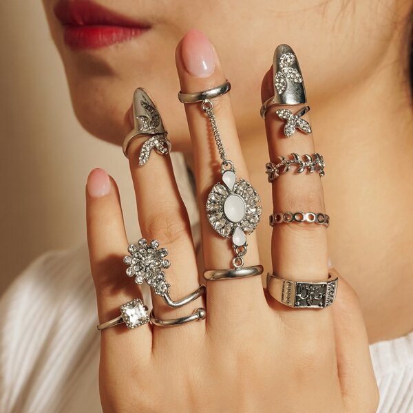 

8pcs Rhinestone Decor Ring, Silver