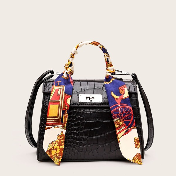 

Twilly Scarf Decor Croc Embossed Satchel Bag, Black