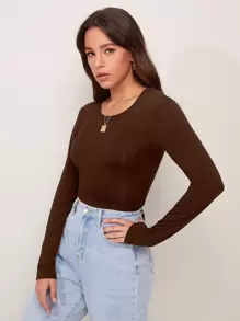 SHEIN Privé 綁結後鏤空短版T恤 - 巧克力棕 - 查看 4