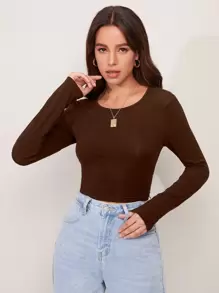 SHEIN Privé 綁結後鏤空短版T恤 - 巧克力棕 - 查看 5