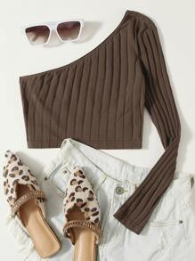 Muchica One Shoulder Rib-knit Crop Top - Chocolate Brown - View 1
