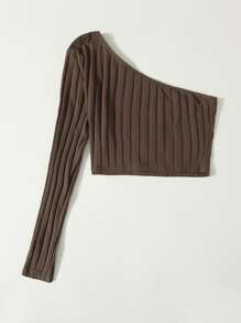 Muchica One Shoulder Rib-knit Crop Top - Chocolate Brown - View 2