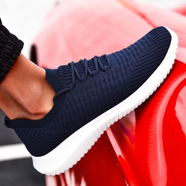 

Men Lace Up Decor Low Top Knit Sneakers, Blue