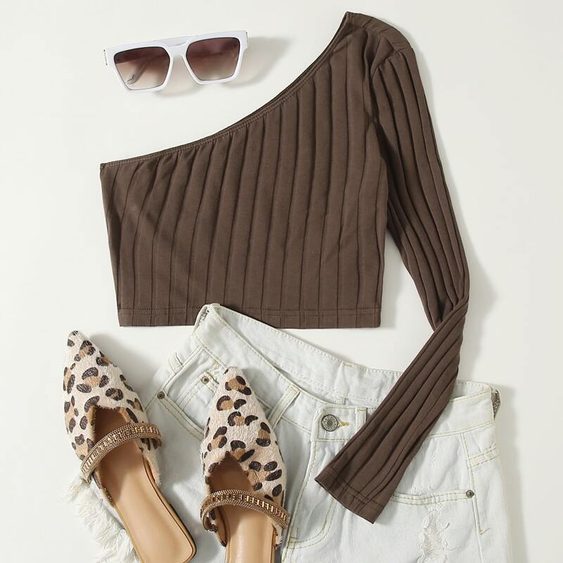 

One Shoulder Rib-knit Crop Top, Chocolate brown