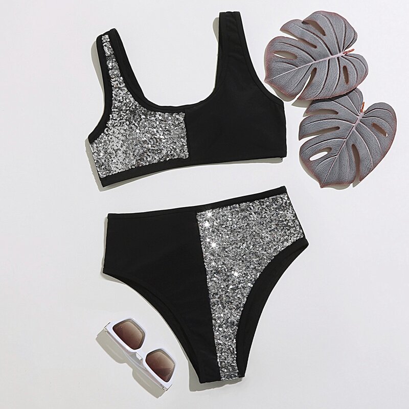 

Contrast Sequin High Waist Bikini Swimsuit, Black