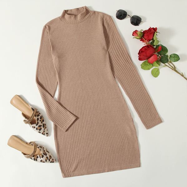 

Mock Neck Ribbed Bodycon Dress, Apricot