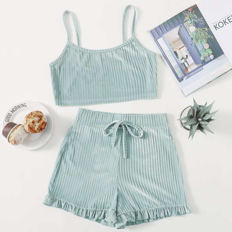 

Velvet Cami Top With Ruffle Hem Shorts PJ Set, Mint green