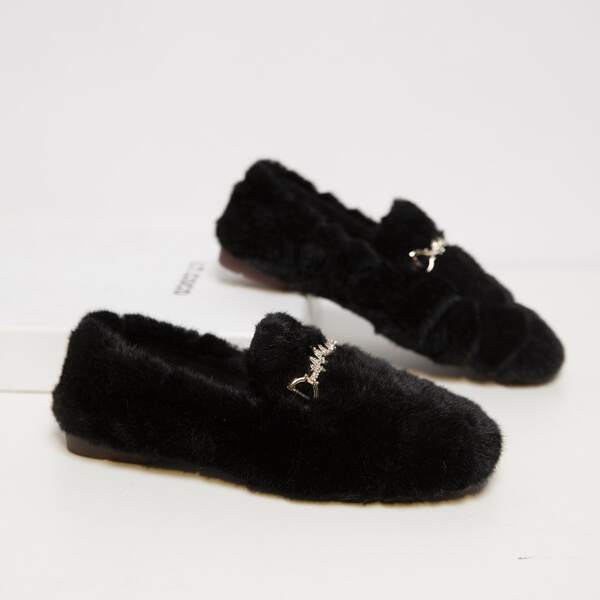 

Rhinestone Decor Fluffy Loafers, Black