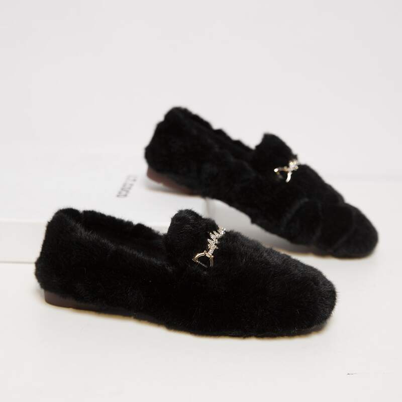 

Rhinestone Decor Fluffy Loafers, Black