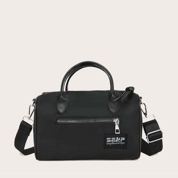 

Letter Patch Zip Front Satchel Bag, Black