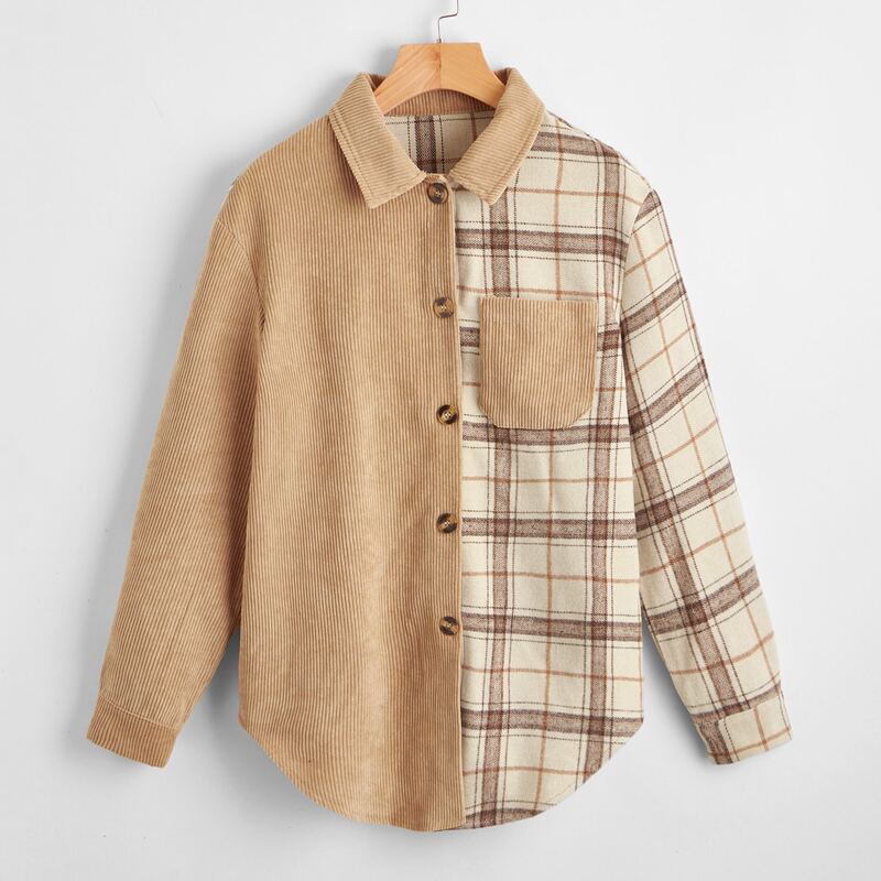 

Contrast Plaid Button Front Corduroy Overshirt, Multicolor