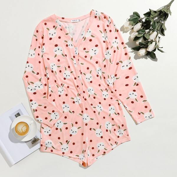 

Plus Polka Dot & Cartoon Graphic Sleep Romper, Baby pink