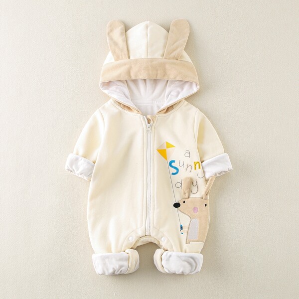 

Baby Unisex Cartoon Graphic 3D Ear Hooded Jumpsuit, Beige