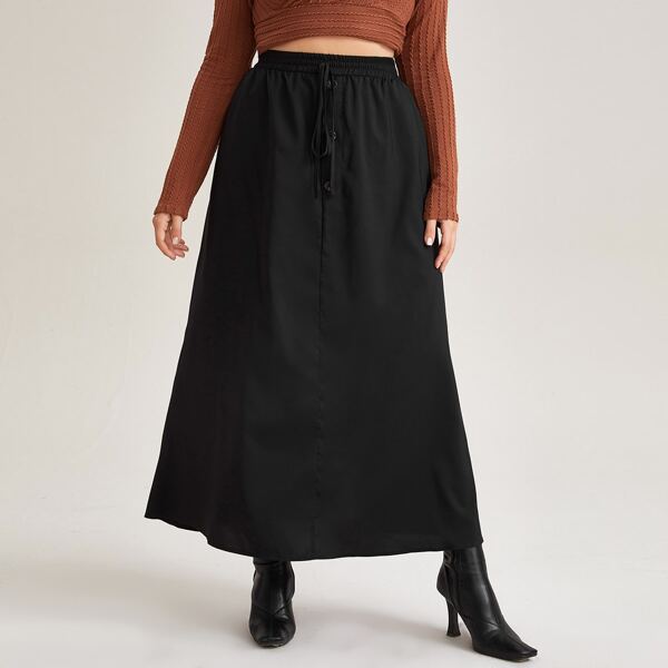 

Plus Knot Front Button A-line Skirt, Black