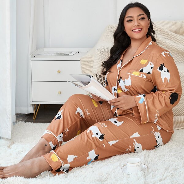 

Plus Cartoon Dog Print Pajama Set, Brown