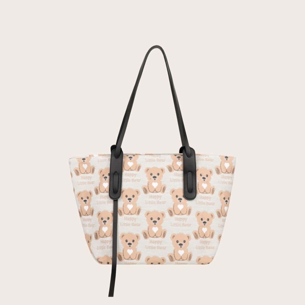 

Bear Graphic Large Capacity Tote Bag, White