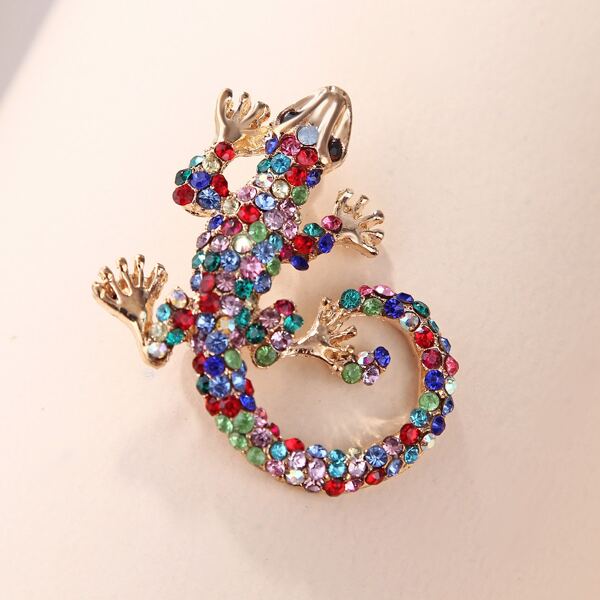 

Rhinestone Lizard Design Brooch, Gold