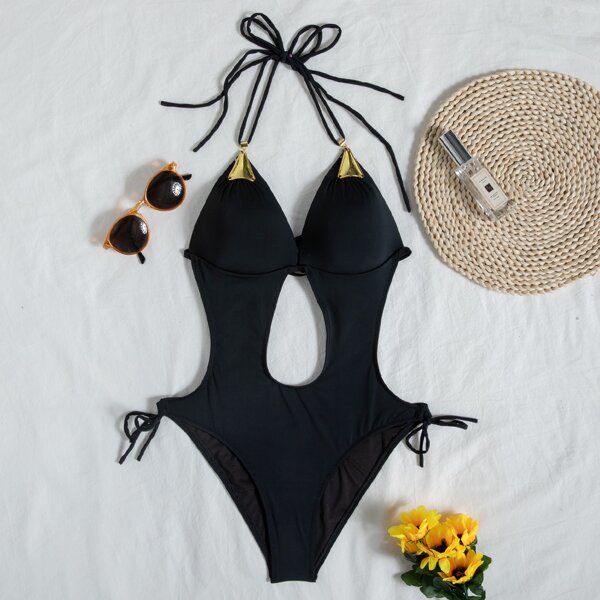 

Cut-out Halter Tie Side One Piece Swimsuit, Black