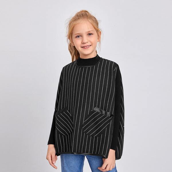 

Girls Batwing Sleeve Pocket Front Striped Vest Coat, Black