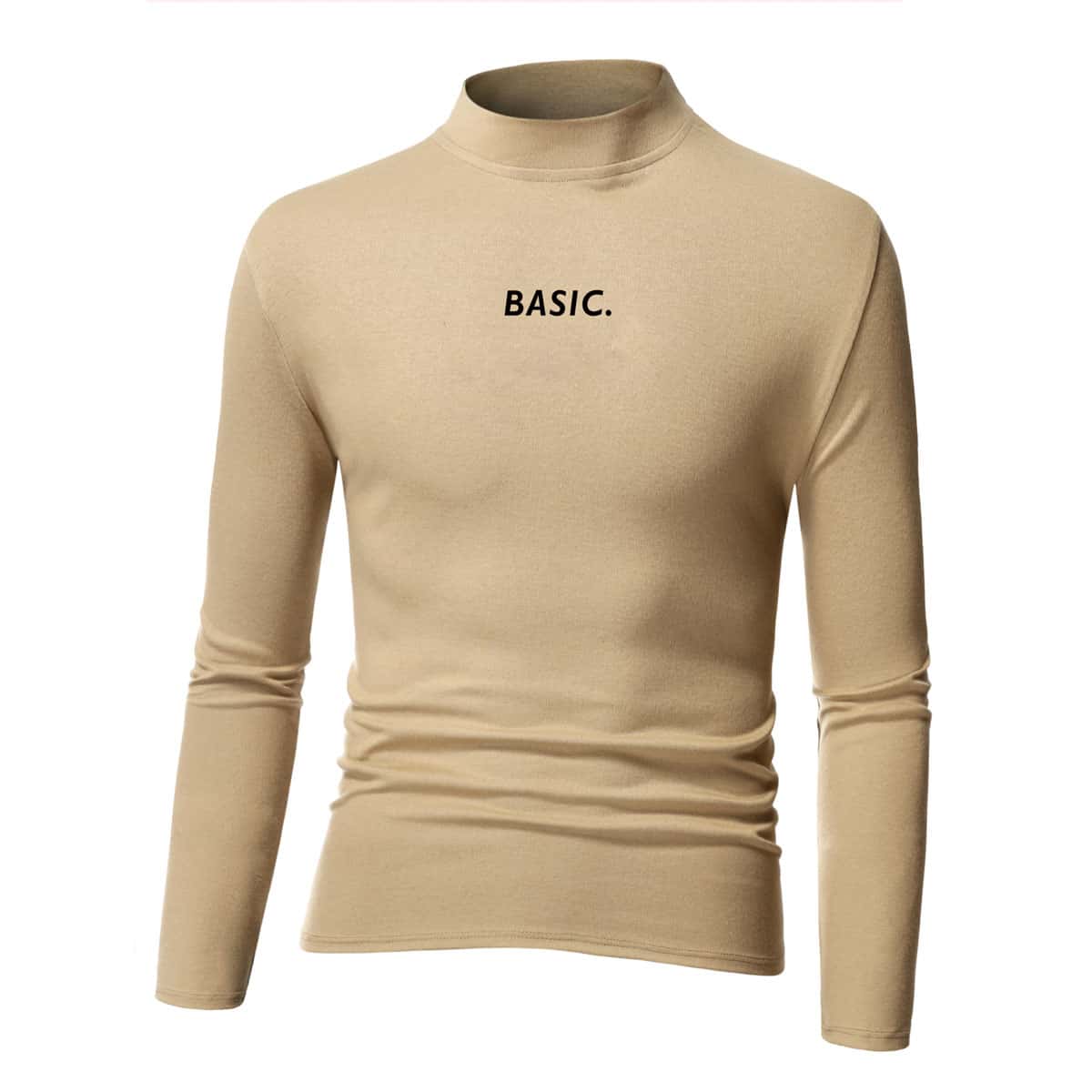 

Men Letter Graphic Mock Neck Tee, Khaki