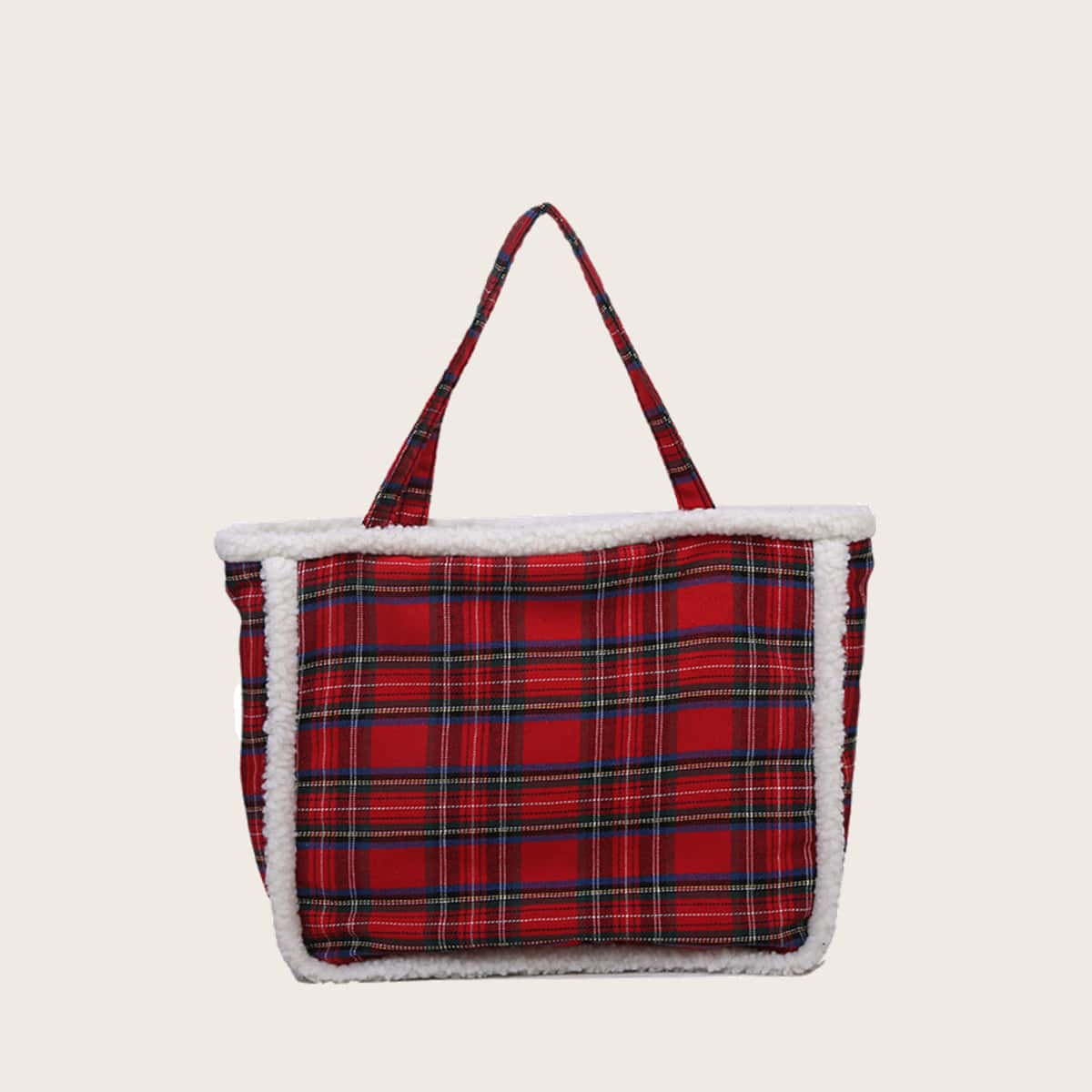 

Tartan Fluffy Trim Tote Bag, Red