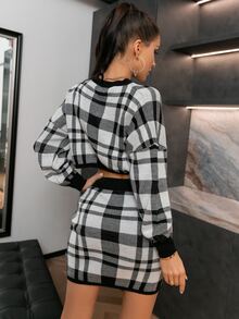 Glamaker Drop Shoulder Plaid Top & Skirt Set - Black and White - View 2