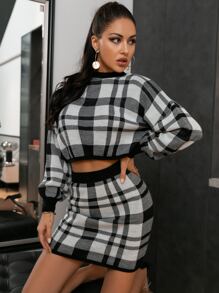 Glamaker Drop Shoulder Plaid Top & Skirt Set - Black and White - View 4