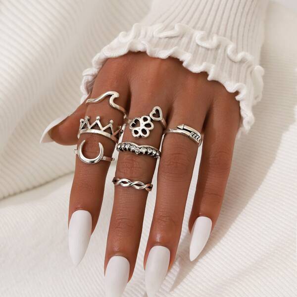 

7pcs Rhinestone Decor Ring, Antique silver