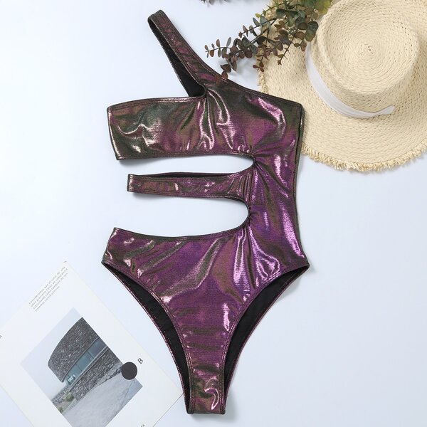 

Metallic Cut-out One Shoulder One Piece Swimsuit, Multicolor