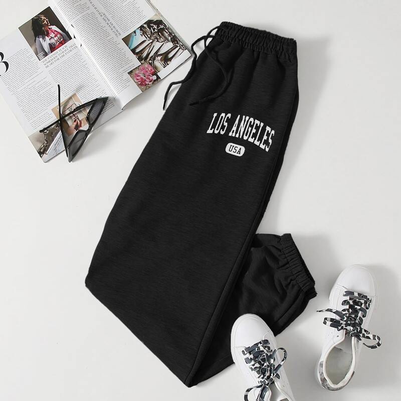 

Letter Graphic Drawstring Pants, Black