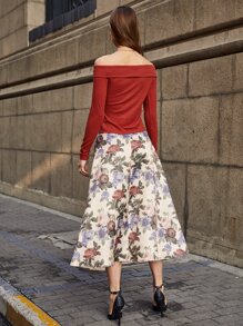 SHEIN 折疊露肩T恤和花卉半身裙套裝 - 彩色 - 查看 2