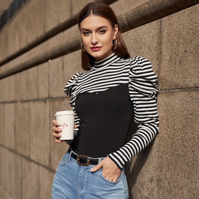 

Gigot Sleeve Striped Colorblock Tee, Black and white