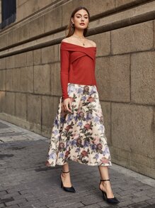 SHEIN 折疊露肩T恤和花卉半身裙套裝 - 彩色 - 查看 3