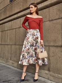 SHEIN 折疊露肩T恤和花卉半身裙套裝 - 彩色 - 查看 4