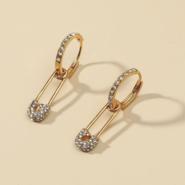 

Rhinestone Safety Pin Drop Earrings, Gold