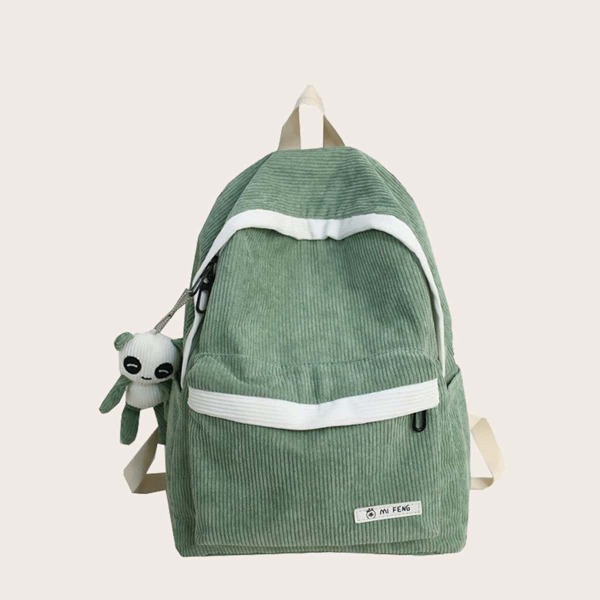 

Pocket Front Corduroy Backpack With Bag Charm, Green