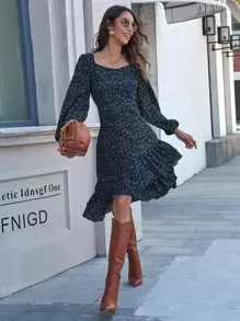 SHEIN Clasi Vestido De Dobladillo Asimétrico Con Volante Floral Ditsy - Azul Marino - Ver 1