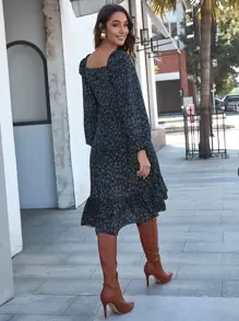 SHEIN Clasi Vestido De Dobladillo Asimétrico Con Volante Floral Ditsy - Azul Marino - Ver 2