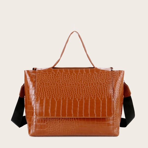 

Croc Embossed Satchel Bag, Brown