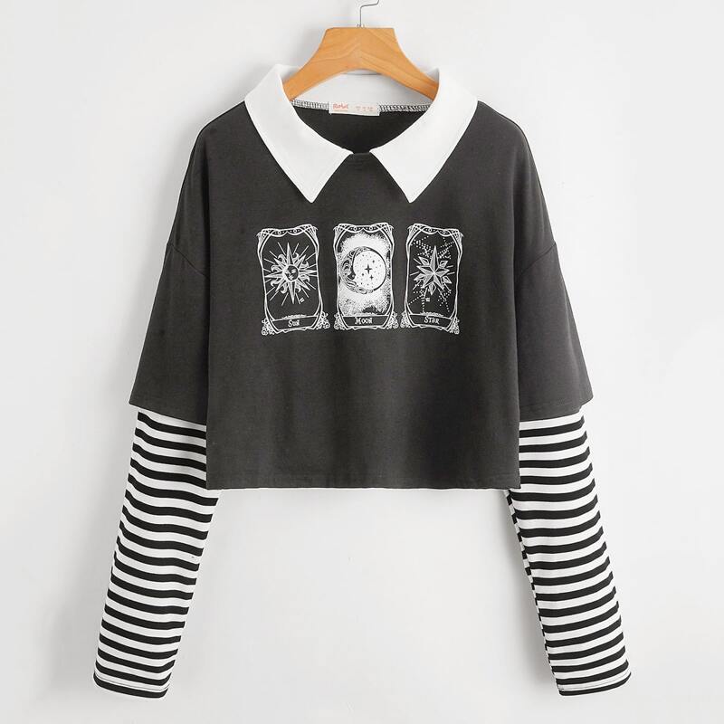 

2 In 1 Letter Sun & Moon Graphic Crop Tee, Grey