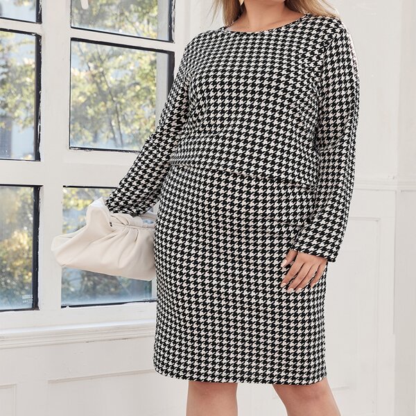 

Plus Houndstooth Print Top & Skirt, Black and white