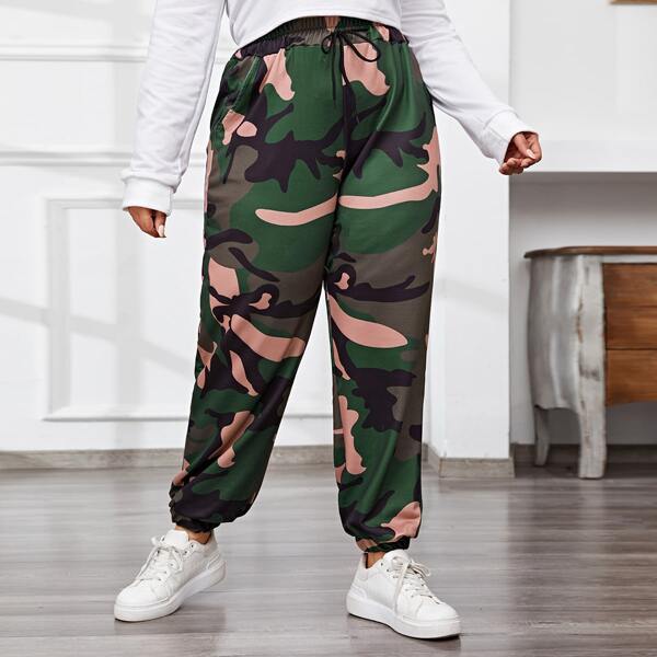 

Plus Camo Print Drawstring Waist Pants, Multicolor
