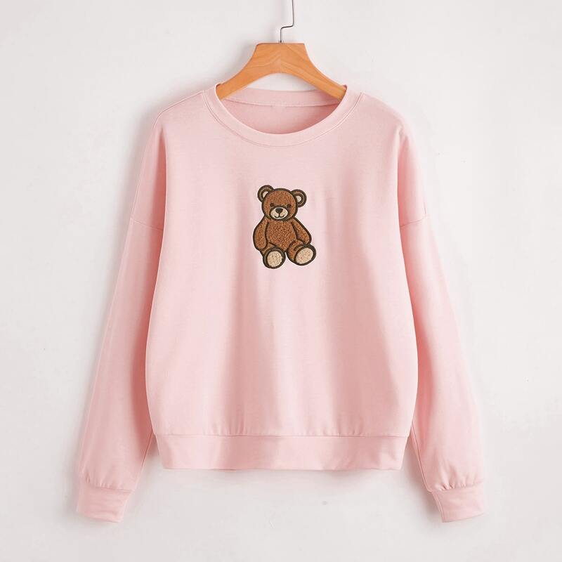 

Bear Embroidery Drop Shoulder Sweatshirt, Baby pink