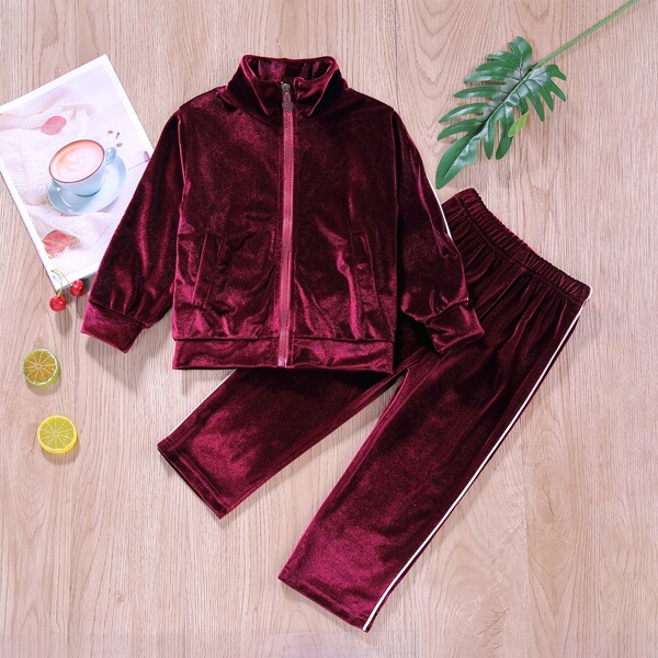 

Toddler Girls Velvet Zip Up Jacket & Pants, Maroon